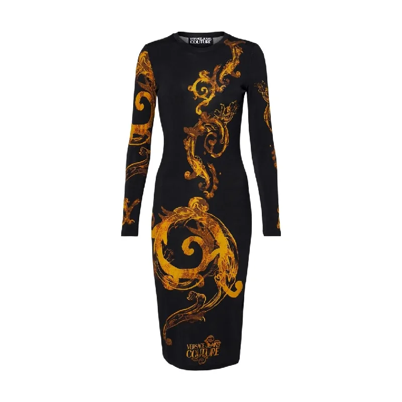 Versace Jeans Couture Watercolour Couture Logo Black Midi Dress Trendy Long Sleeve Midi Dress