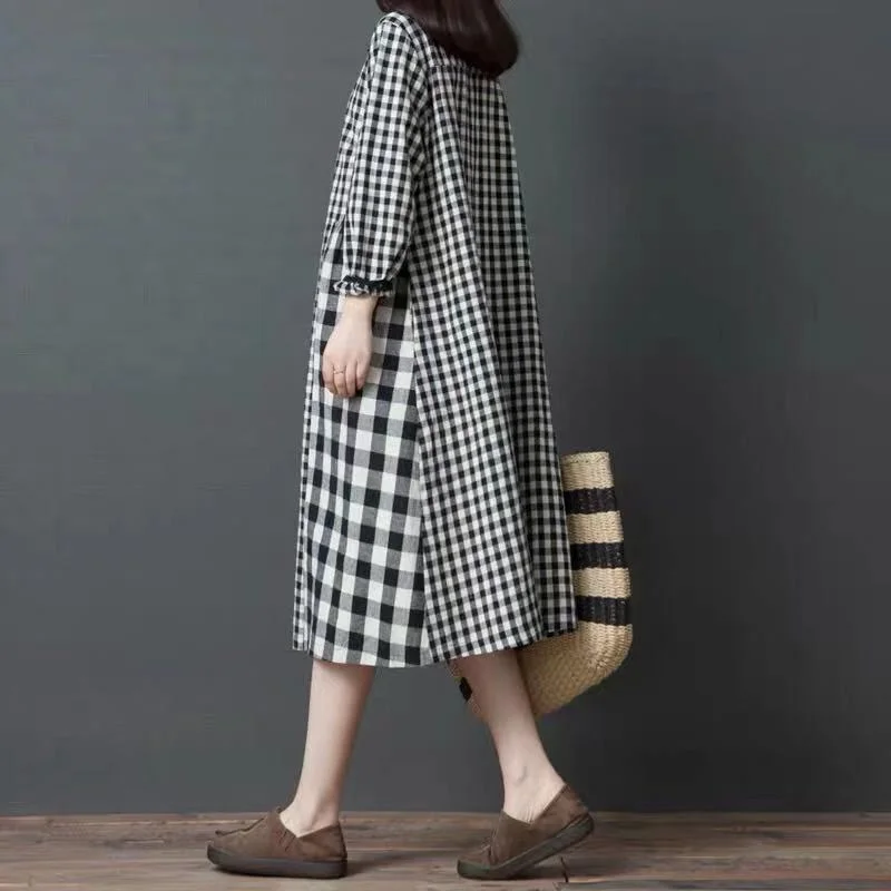 Vintage Plaid Long Sleeves Midi Dresses Stylish Tiered Midi Dress