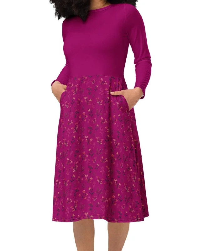 Viva Magenta Floral Long Sleeve Midi Dress (S-4XL) Comfortable Button Front Midi Dress