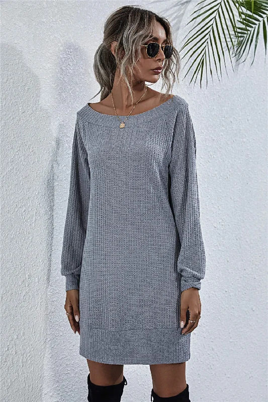 Waffle-Knit Boat Neck Mini Dress in Black, Dark Gray, Army Green, or Light Gray Stylish Short Sleeve Mini Dress