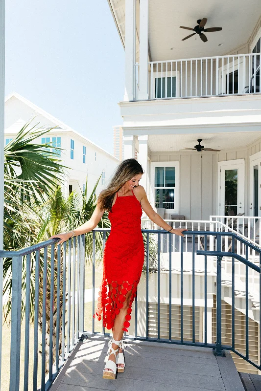 Wanna Have Fun Midi Dress - Red Cozy Midi Dress with Pockets