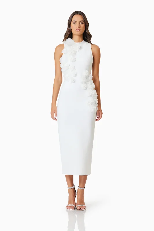 OMR x ELLIATT: Whitetail 3D Floral Midi Dress In White Fashionable Shift Midi Dress