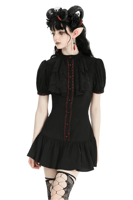 Women's Gothic Puff Sleeves Ruffle Mini Dress with Buttons Stylish Ruffle Mini Dress