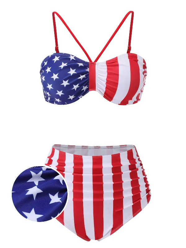 1940s Flag Independence Day Patchwork Swimsuit Mesh Panel Swimwear