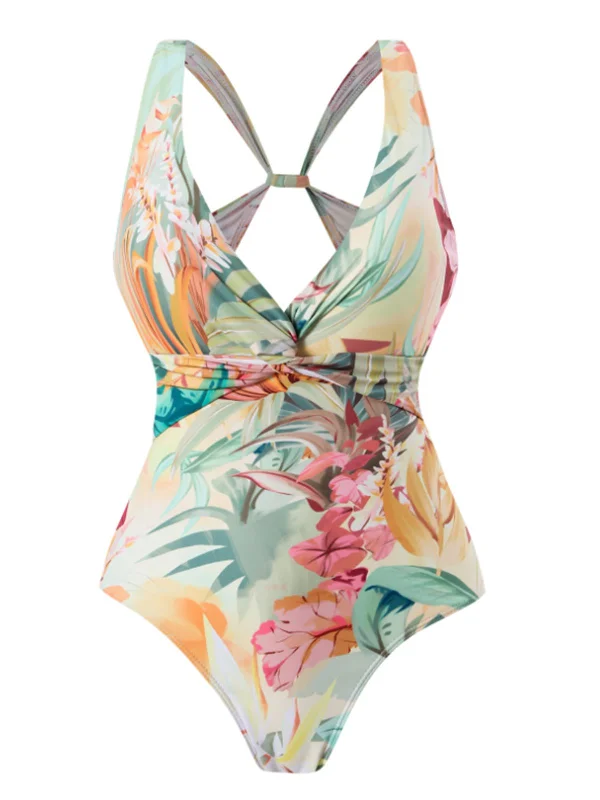 1940s Floral V-Neck Tie-Waist Swimsuit Stylish Swimsuit Set