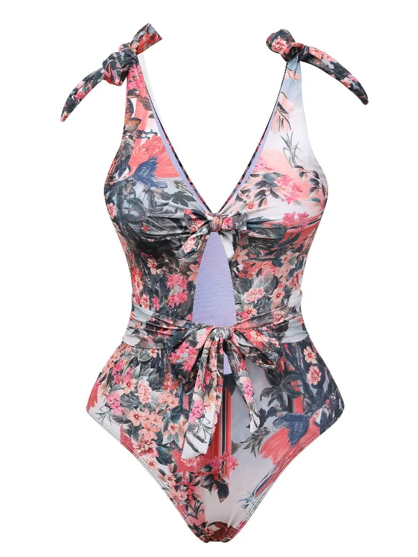 1940s Retro Pictorial Hollow One-Piece Swimsuit Tie-Back Swimwear