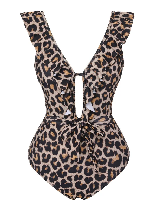 1950s All-Over Print Ruffled Belt One-Piece Swimsuit Sexy Cutout Swimsuit