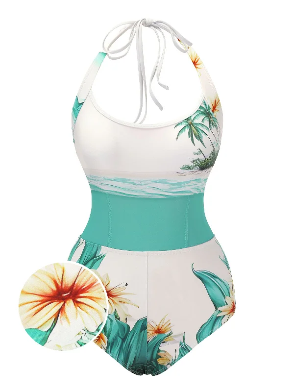 1950s Coconut Tree & Beach Patchwork Swimsuit Sporty Swim Shorts