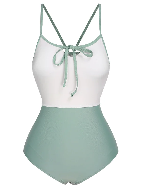 1950s Color Contrast BowKnot Strap Swimsuit Deep-V Swimsuit Design