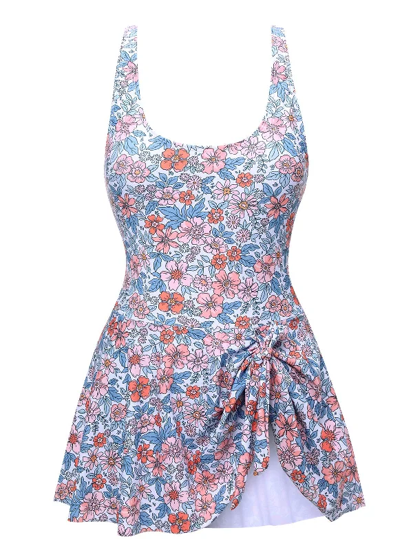 1950s Floral Knot Wide Strap Skirt Swimsuit Adjustable Bikini Bottoms