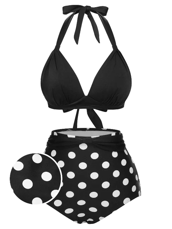 1950s Halter Contrast Polka Dots Swimsuit Sexy Cutout Swimsuit