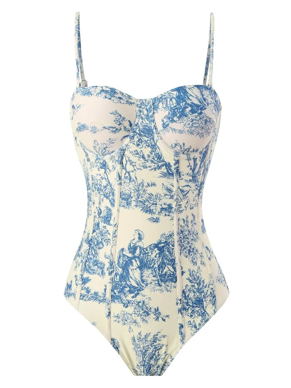 1950s Ink Floral Spaghetti Strap One-Piece Swimsuit Tropical Print One-Piece