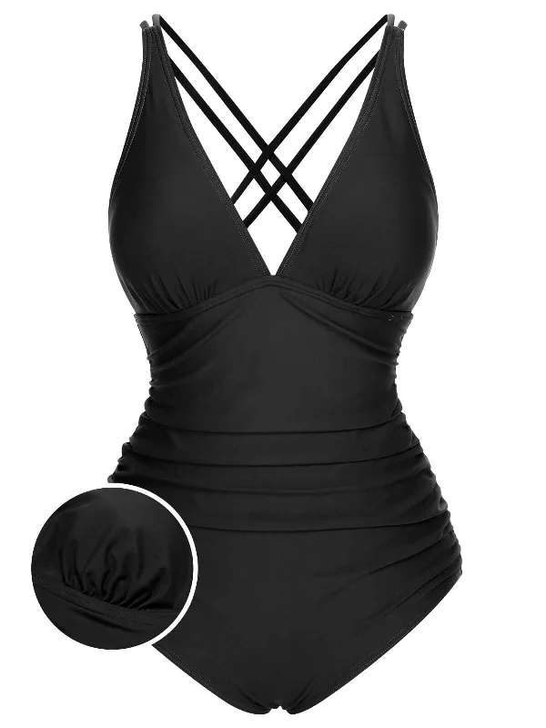 1950s Solid V-Neck One-Piece Swimsuit Sexy Cutout Swimsuit