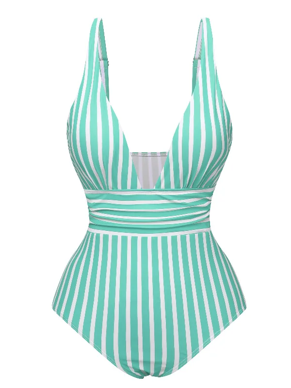 1950s Stripes Spaghetti Strap One-Piece Swimsuit Adjustable Strap Swimsuit