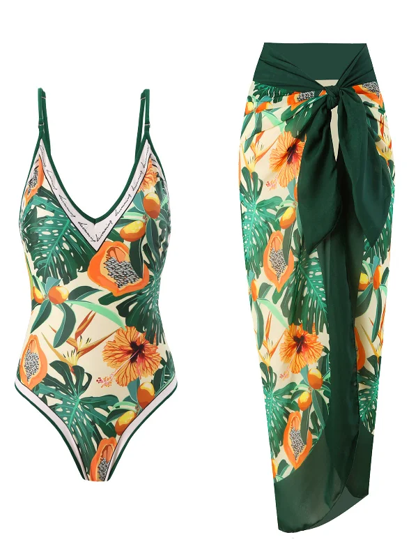 1950s Tropical Print One-Piece Swimsuit & Cover-Up Beachy Ruffle Bikini