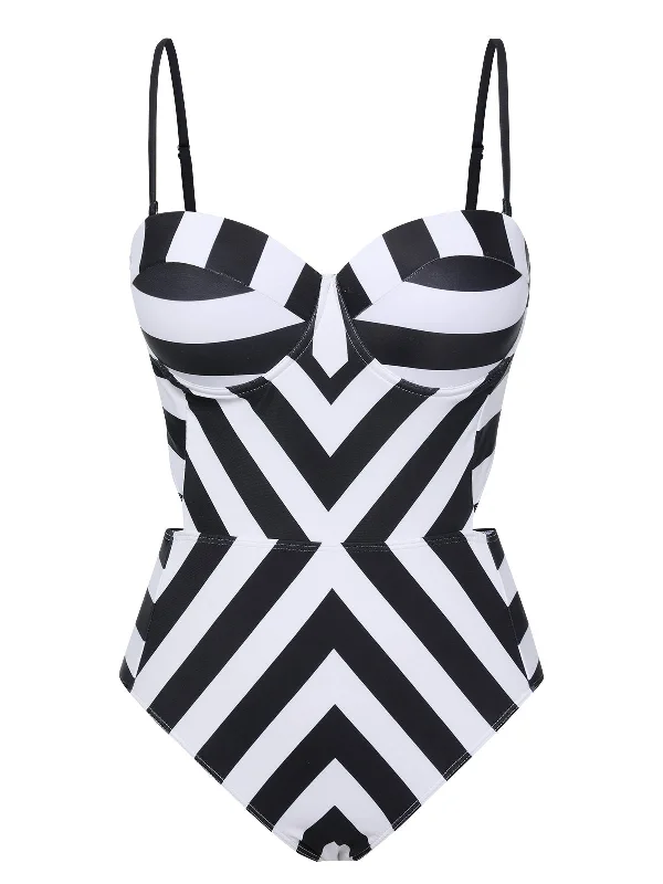 1960s Black White Contrast Stripes Swimsuit Deep-V Swimsuit Design