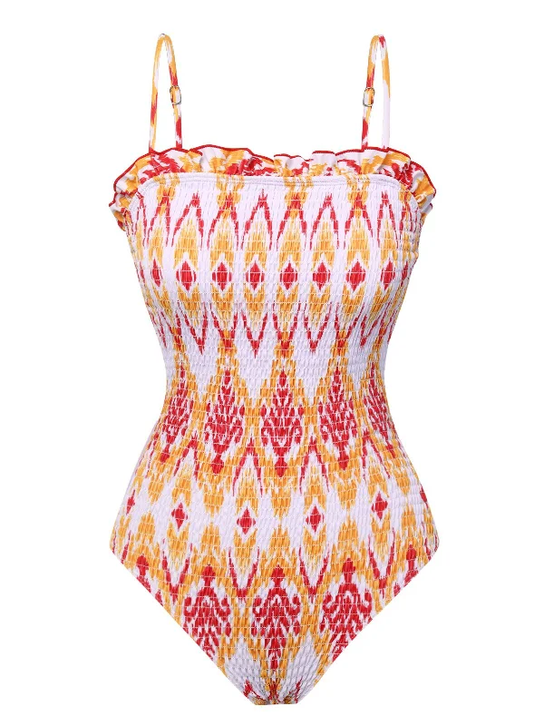 1960s Chevron Smocking Strap Bandeau Swimsuit Sexy Two-Piece Set