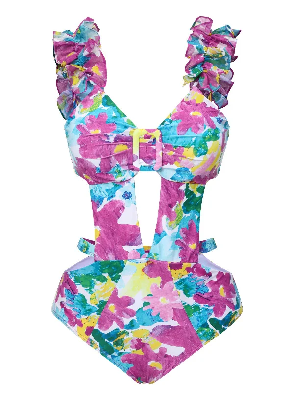 1960s Floral Ruffle Cutout Swimsuit Tropical Print One-Piece