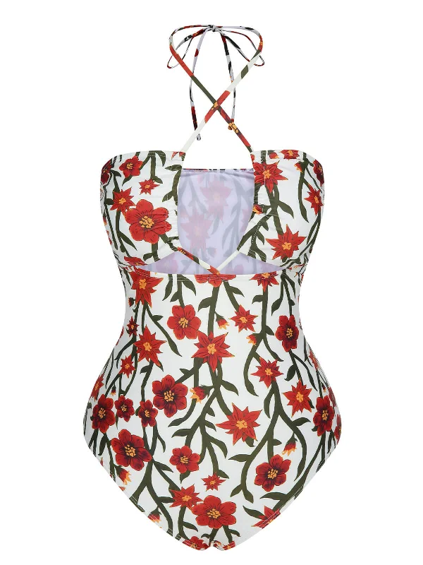 1960s Front Hollow Floral Halter Swimsuit Monokini Swimsuit Design