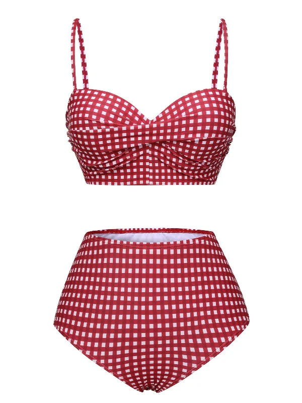 1950s Gingham Plaid Suspender Swimsuit Sporty Swim Shorts