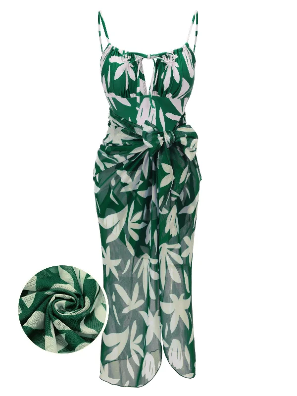 1960s Green Leaf Sleeveless Camisole Strap Swimsuit Chic Beach Cover-Up