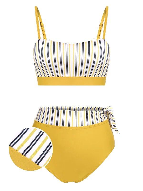 2PCS Yellow 1940s Striped Patchwork Swimsuit Sleek Mesh Bikini