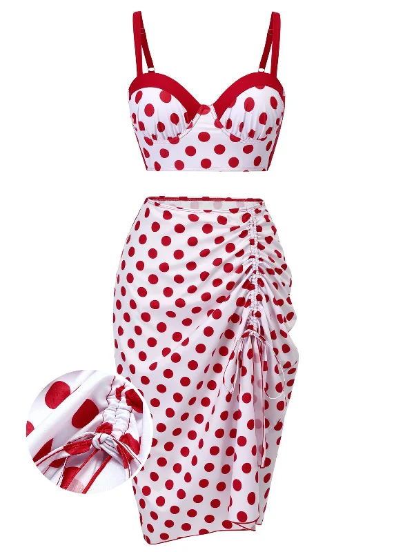 Red 1950s Polka Dot Pleated Swimsuit Minimalist One-Piece