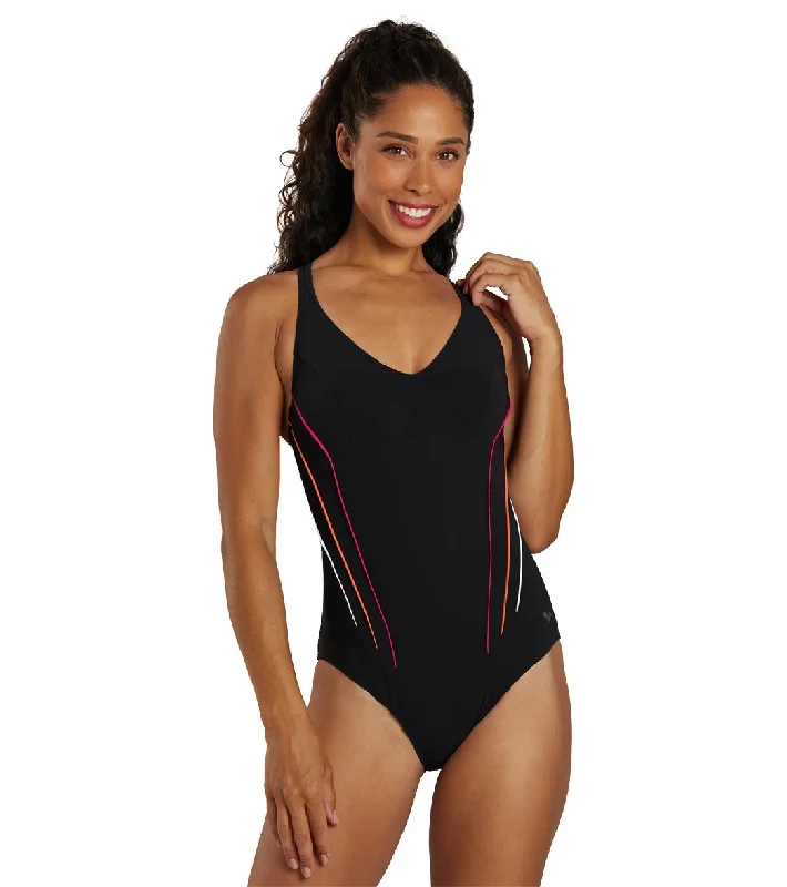 Arena Women's Marina Shapewear Eye Back One Piece Swimsuit Black/Rose Violet/Peonia Red/W Deep-V Swimsuit Design