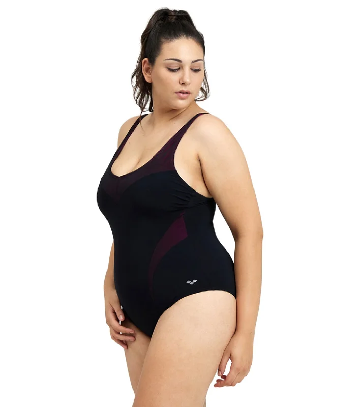 Arena Women's Plus Size Isabel Light Cross Back One Piece Swimsuit Black/Rose Violet Lace-Detail Bikini Set