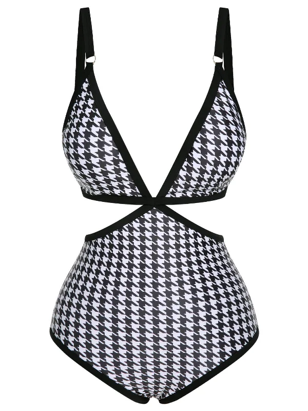 Black 1950s Houndstooth Waist Cutout Swimsuit Timeless Black Bikini