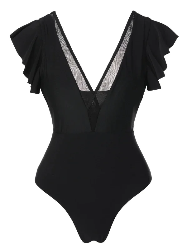 Black 1950s Solid Ruffle Sleeve One-Piece Swimsuit Bold High-Cut Bikini