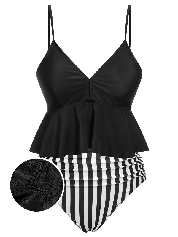 Black 1950s Striped Printed Separate Swimsuit Bold High-Cut Bikini