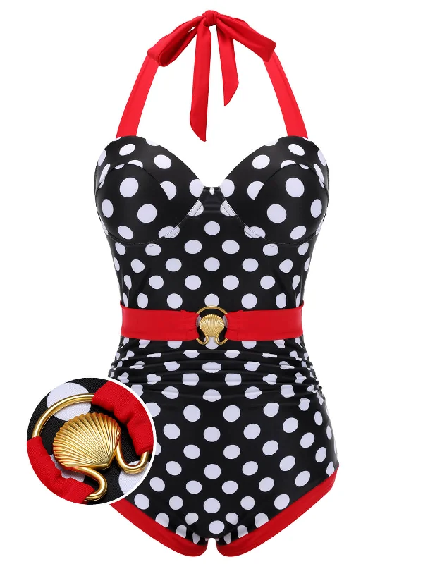 Black & Red 1950s Dots Halter Swimsuit Tie-Back Swimwear