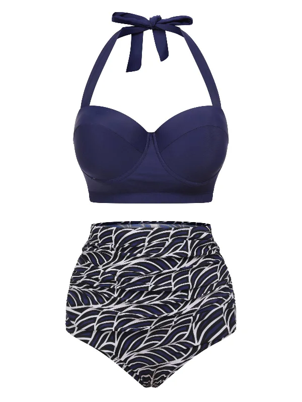 Blue 1940s Geometry Pleated Halter Swimsuit Sexy Two-Piece Set