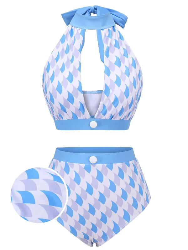 Blue 1940s Hole Collar Halter Swimsuit Sexy Swimwear Set