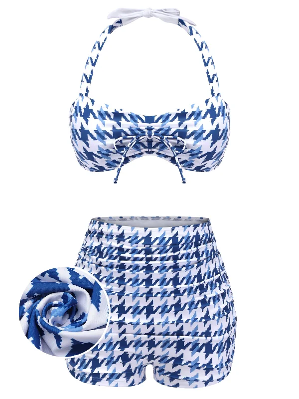 Blue 1940s Houndstooth Bow Halter Swimsuit Minimalist One-Piece