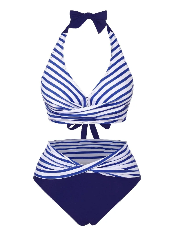 Blue 1940s Striped Contrast Knit Halter Swimsuit Elegant Ruffle Swimsuit