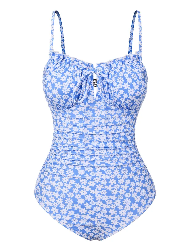 Blue 1950s Ditsy Floral Strap Swimsuit Sporty Swim Shorts