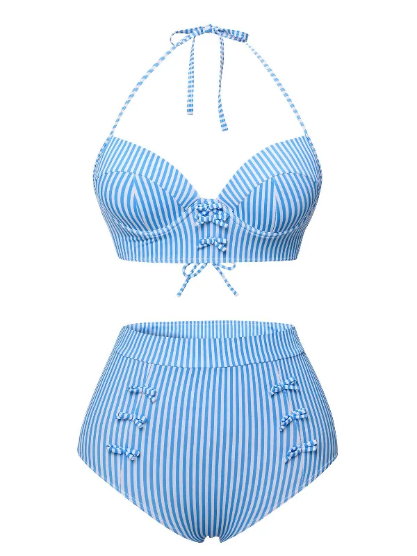 Blue 1950s Halter Bow Stripes Swimsuit Floral Swimwear Set