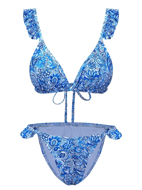 Blue 1950s Paisley Print Ruffle Trim Triangle Bikini Swimsuit Sporty Swim Shorts