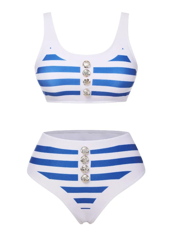 Blue & White 1950s Stripes Buttons Swimsuit Vintage Swimwear Look