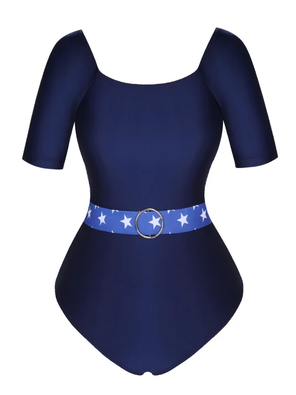 Dark Blue 1940s Stars One-Piece Swimsuit Summer Ready Swimsuit