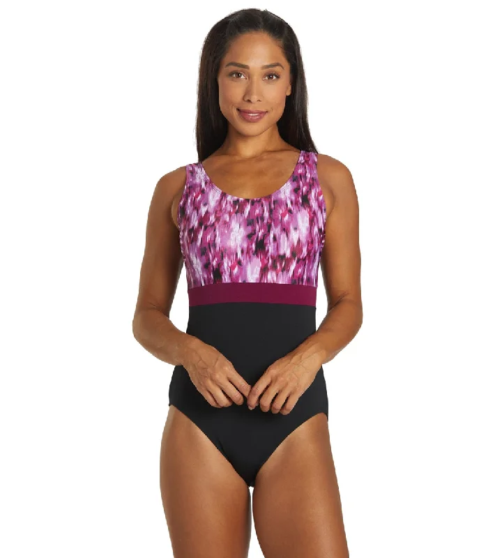 Dolfin Women's Aquashape Color Block Moderate Scoop Back Chlorine Resistant One Piece Swimsuit Blur Cabernet Tropical Print One-Piece