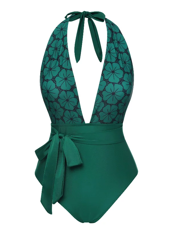 Green 1940s Floral Deep V-Neck Halter Swimsuit Plus-Size Bikini Set