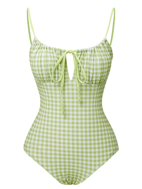 Green 1940s Plaid Chest Elastic Drawstring Swimsuit Push-Up Bikini Bottoms