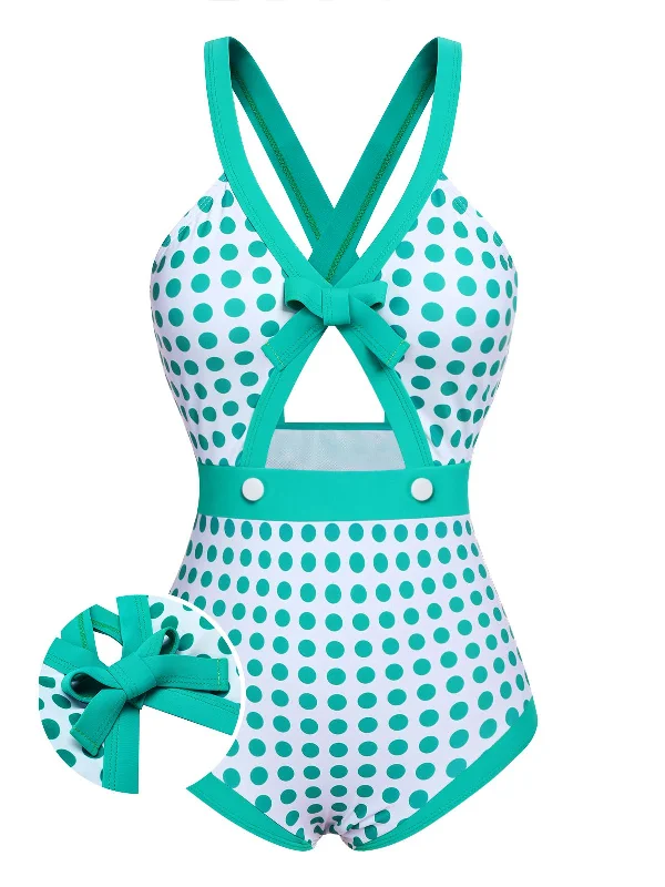 Green 1940s Polka Dot Bowknot One-Piece Swimsuit Sexy Monokini Swimsuit