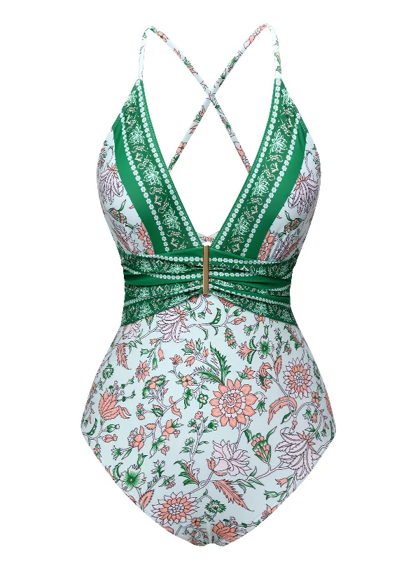 Green 1950s Floral Spaghetti Strap Swimsuit Playful Pattern Swimsuit