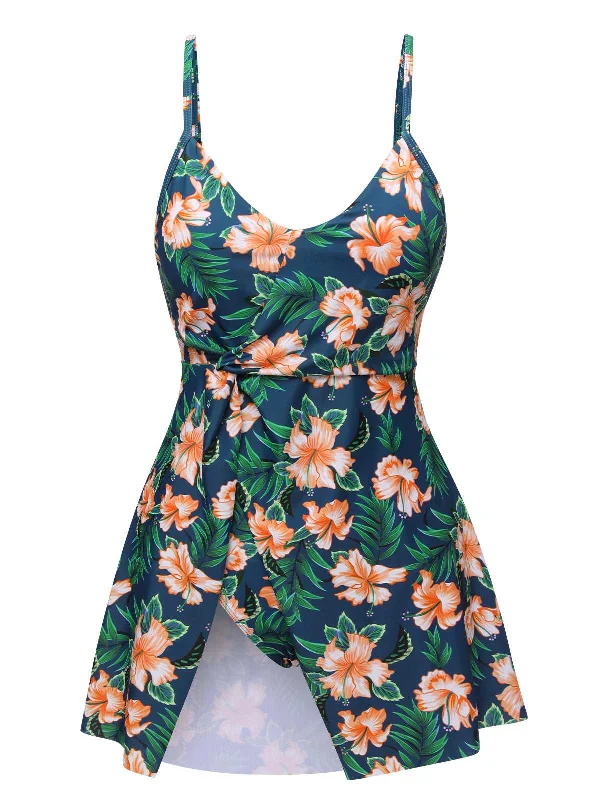 Green 1950s Spaghetti Strap Floral Swimsuit Adjustable Bikini Bottoms