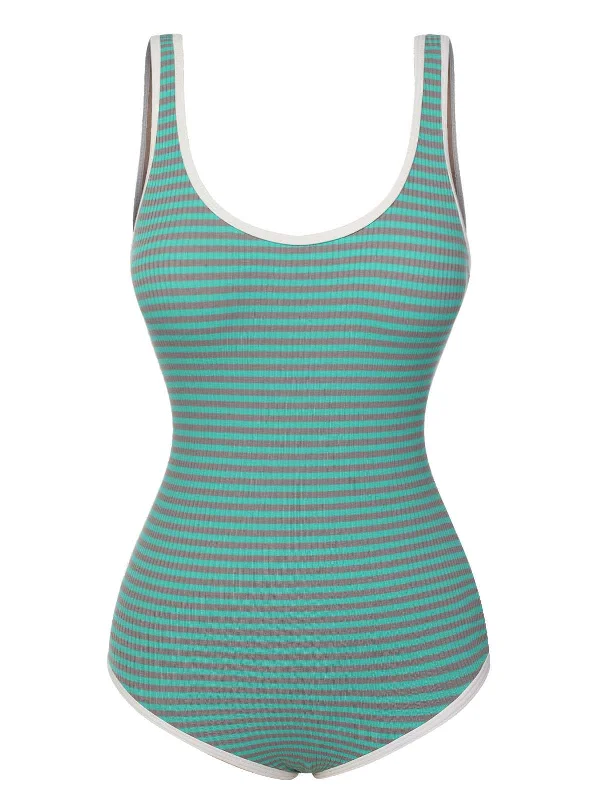 Green 1950s Stripes Backless One-Piece Swimsuit Sporty Swimsuit Style