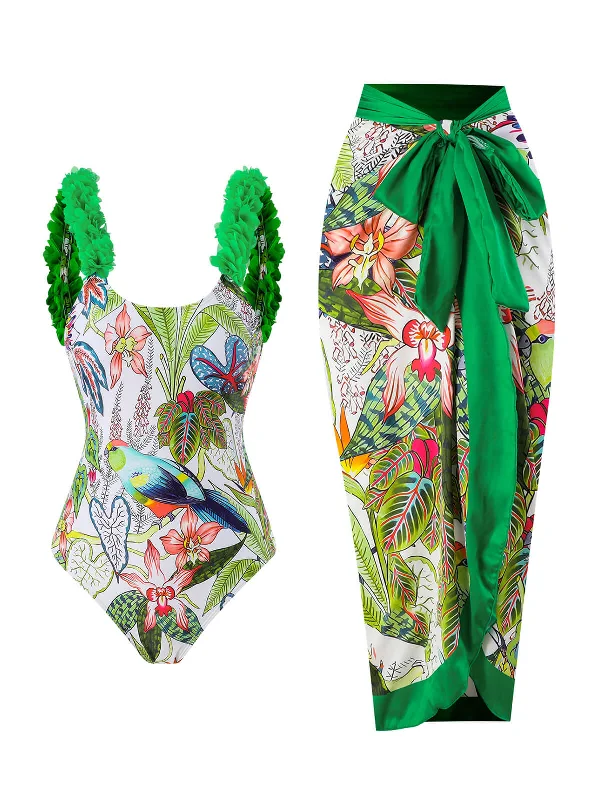 Green 1960s Floral Bird Swimsuit & Cover-Up Trendy Swimsuit Bottoms